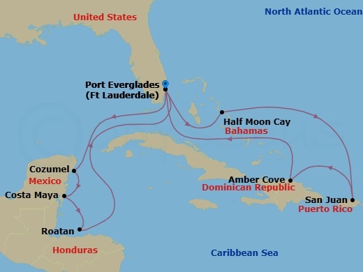 Route map: Ft Lauderdale (Port Everglades) → Cozumel → Costa Maya → Roatan → Ft Lauderdale (Port Everglades) → Half Moon Cay, The Bahamas → San Juan → Amber Cove → Ft Lauderdale (Port Everglades)