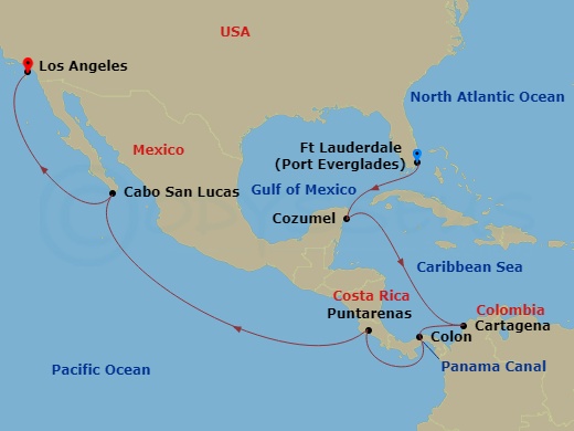 Route map: Ft Lauderdale Florida → Scenic Sailing Gulf Of Mexico → Cozumel → Cartagena → Colon → Scenic Sailing Panama Canal → Puntarenas (Puerto Caldera) → Cabo San Lucas → Los Angeles California