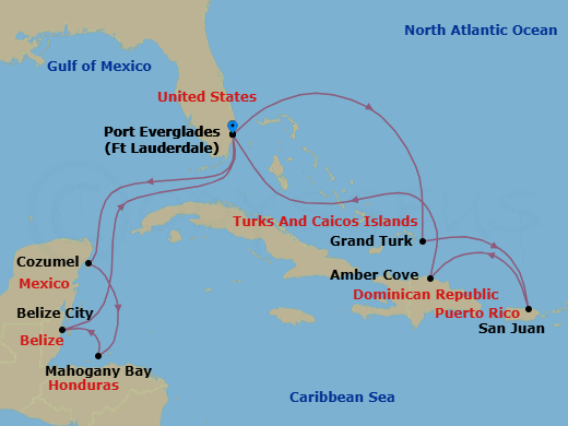 Route map: Ft. Lauderdale, Florida → Cozumel, Mexico → Roatan (Isla Tropicale), Honduras → Belize City, Belize → Ft. Lauderdale, Florida → Grand Turk, Turks & Caicos → San Juan, Puerto Rico → Amber Cove, Dominican Republic → Ft. Lauderdale, Florida