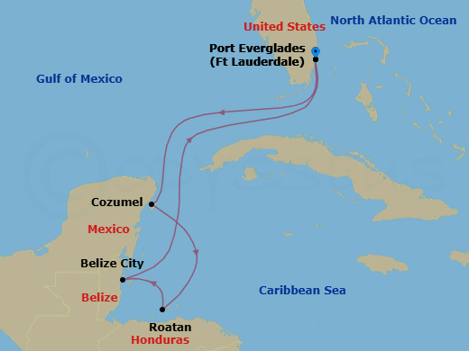 Route map: Ft. Lauderdale, Florida → Cozumel, Mexico → Roatan (Isla Tropicale), Honduras → Belize City, Belize → Ft. Lauderdale, Florida