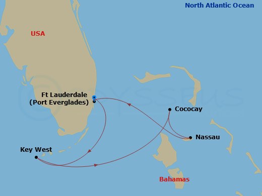 Route map: Fort Lauderdale, Florida → Key West, Florida → Perfect Day Cococay, Bahamas → Nassau, Bahamas → Fort Lauderdale, Florida