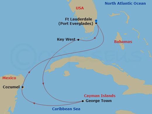 Route map: Fort Lauderdale, Florida → Key West, Florida → George Town, Grand Cayman → Cozumel, Mexico → Fort Lauderdale, Florida