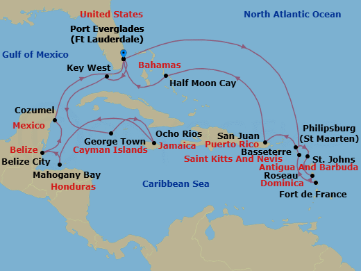 Route map: Fort Lauderdale, Florida, US → Key West, Florida, US → Georgetown, Cayman Islands → Ocho Rios, Jamaica → Mahogany Bay, Roatan, Honduras → Belize City, Belize → Cozumel, Mexico → Fort Lauderdale, Florida, US → Philipsburg, Sint Maarten → St. Johns, Antigua and Barbuda
