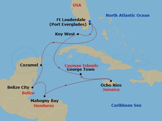 Route map: Fort Lauderdale, Florida, US → Key West, Florida, US → Georgetown, Cayman Islands → Ocho Rios, Jamaica → Mahogany Bay, Roatan, Honduras → Belize City, Belize → Cozumel, Mexico → Fort Lauderdale, Florida, US