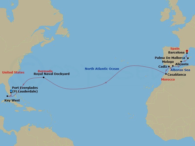 Route map: Fort Lauderdale, Florida → Key West, Florida → Royal Naval Dockyard,Bermuda → Casablanca, Morocco → Seville (Cadiz), Spain → Malaga, Spain → Alicante, Spain → Palma De Mallorca, Spain → Barcelona, Spain