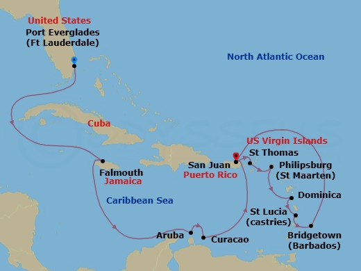 Route map: Ft. Lauderdale, Florida → Falmouth, Jamaica → Aruba → Curacao → San Juan, Puerto Rico → St. Thomas, Virgin Islands → St. Maarten → Dominica → St. Lucia → Barbados