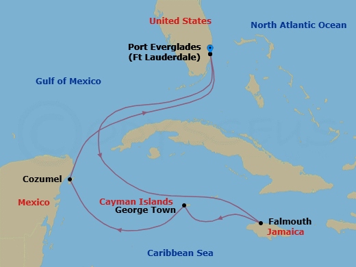 Route map: Fort Lauderdale, Florida → Falmouth, Jamaica → George Town, Grand Cayman → Cozumel, Mexico → Fort Lauderdale, Florida