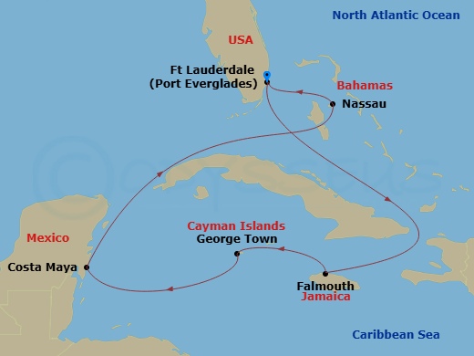 Route map: Fort Lauderdale, Florida → Falmouth, Jamaica → George Town, Grand Cayman → Puerto Costa Maya, Mexico → Nassau, Bahamas → Fort Lauderdale, Florida