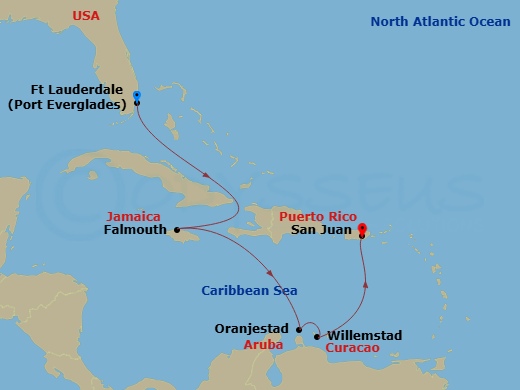 Route map: Ft. Lauderdale, Florida → Falmouth, Jamaica → Aruba → Curacao → San Juan, Puerto Rico