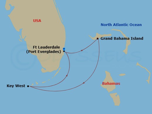 Route map: Fort Lauderdale, Florida → Grand Bahama Isl, Bahamas → Key West, Florida → Fort Lauderdale, Florida