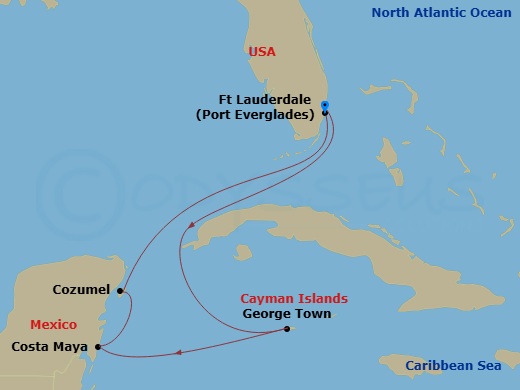 Route map: Fort Lauderdale, Florida → George Town, Grand Cayman → Puerto Costa Maya, Mexico → Cozumel, Mexico → Fort Lauderdale, Florida
