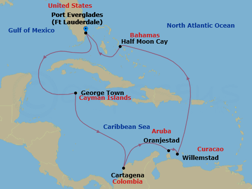 Route map: Fort Lauderdale, Florida, US → Georgetown, Cayman Islands → Cartagena, Colombia → Oranjestad, Aruba → Willemstad, Curacao → RelaxAway Half Moon Cay, Bahamas → Fort Lauderdale, Florida, US