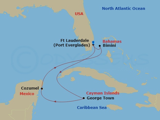 Route map: Fort Lauderdale, Florida → George Town, Grand Cayman → Cozumel, Mexico → Bimini, Bahamas → Fort Lauderdale, Florida