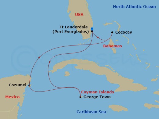 Route map: Fort Lauderdale, Florida → George Town, Grand Cayman → Cozumel, Mexico → Perfect Day Cococay, Bahamas → Fort Lauderdale, Florida