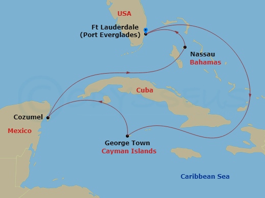 Route map: Fort Lauderdale, Florida → George Town, Grand Cayman → Cozumel, Mexico → Nassau, Bahamas → Fort Lauderdale, Florida
