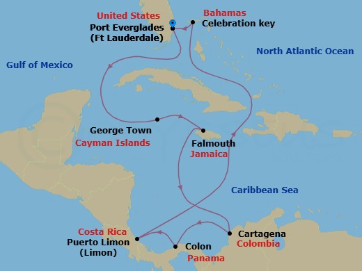 Route map: Ft. Lauderdale, Florida → Grand Cayman, Cayman Islands → Falmouth, Jamaica → Cartagena, Colombia → Panama Canal Partial Transit New Locks → Colon, Panama → Limon, Costa Rica → Celebration Key, Bahamas → Ft. Lauderdale, Florida