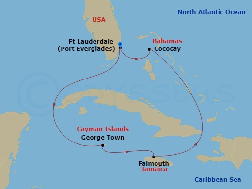 Route map: Fort Lauderdale, Florida → George Town, Grand Cayman → Falmouth, Jamaica → Perfect Day Cococay, Bahamas → Fort Lauderdale, Florida