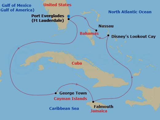 Route map: Ft Lauderdale (Port Everglades) → George Town → Falmouth → Disney Lookout Cay → Nassau → Ft Lauderdale (Port Everglades)