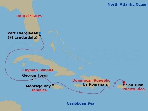 Route map: Fort Lauderdale → George Town (Grand Cayman) → Montego Bay → Casa de Campo → San Juan