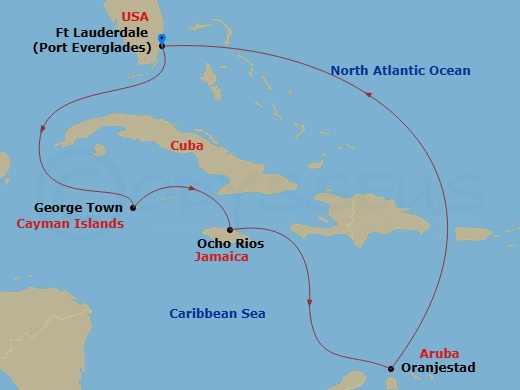 Route map: Ft. Lauderdale, Florida → Grand Cayman, Cayman Islands → Ocho Rios, Jamaica → Aruba → Ft. Lauderdale, Florida