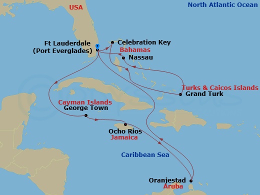 Route map: Ft. Lauderdale, Florida → Grand Cayman, Cayman Islands → Ocho Rios, Jamaica → Aruba → Ft. Lauderdale, Florida → Celebration Key, Bahamas → Grand Turk, Turks & Caicos → Nassau, Bahamas → Ft. Lauderdale, Florida