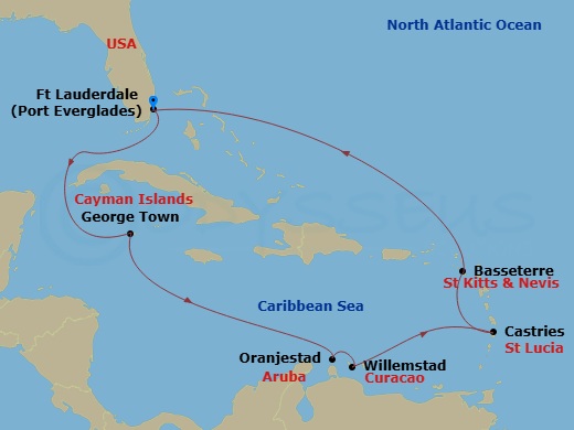 Route map: Fort Lauderdale, Florida → George Town, Grand Cayman → Oranjestad, Aruba → Willemstad, Curacao → Castries, St. Lucia → Basseterre, St Kitts & Nevis → Fort Lauderdale, Florida