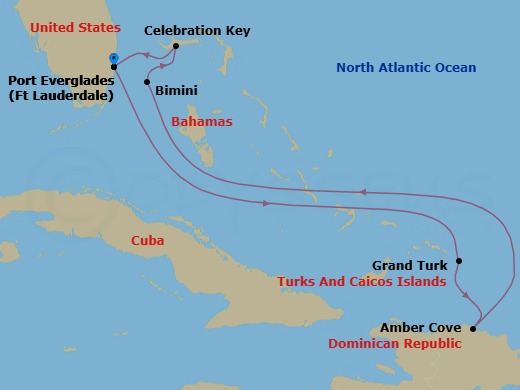 Route map: Ft. Lauderdale, Florida → Grand Turk, Turks & Caicos → Amber Cove, Dominican Republic → BIMINI, BAHAMAS → Celebration Key, Bahamas → Ft. Lauderdale, Florida