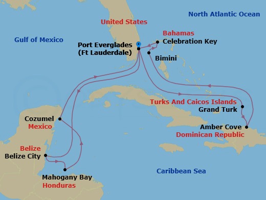 Route map: Ft. Lauderdale, Florida → Grand Turk, Turks & Caicos → Amber Cove, Dominican Republic → BIMINI, BAHAMAS → Celebration Key, Bahamas → Ft. Lauderdale, Florida → Belize City, Belize → Roatan (Isla Tropicale), Honduras → Cozumel, Mexico → Ft. Lauderdale, Florida