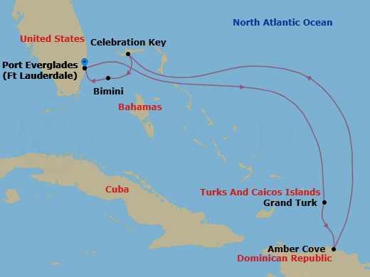 Route map: Ft. Lauderdale, Florida → Grand Turk, Turks & Caicos → Amber Cove, Dominican Republic → Celebration Key, Bahamas → BIMINI, BAHAMAS → Ft. Lauderdale, Florida