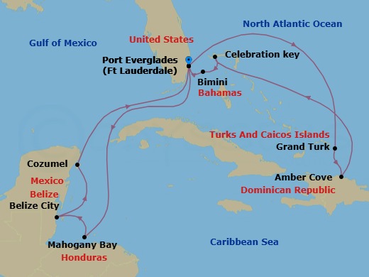 Route map: Ft. Lauderdale, Florida → Grand Turk, Turks & Caicos → Amber Cove, Dominican Republic → Celebration Key, Bahamas → BIMINI, BAHAMAS → Ft. Lauderdale, Florida → Roatan (Isla Tropicale), Honduras → Belize City, Belize → Cozumel, Mexico → Ft. Lauderdale, Florida