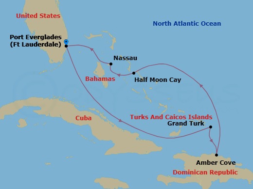 Route map: Fort Lauderdale, Florida, US → Grand Turk, Turks and Caicos → Amber Cove, Dominican Republic → RelaxAway Half Moon Cay, Bahamas → Nassau, Bahamas → Fort Lauderdale, Florida, US