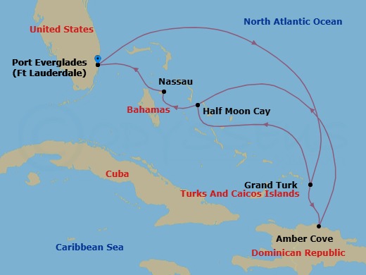 Route map: Fort Lauderdale, Florida, US → Grand Turk, Turks and Caicos → Amber Cove, Dominican Republic → RelaxAway Half Moon Cay, Bahamas → Nassau, Bahamas → Fort Lauderdale, Florida, US → Grand Turk, Turks and Caicos → RelaxAway Half Moon Cay, Bahamas → Nassau, Bahamas → Fort Lauderdale, Florida, US