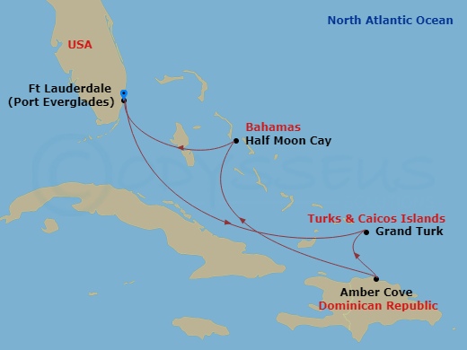 Route map: Fort Lauderdale, Florida, US → Grand Turk, Turks and Caicos → Amber Cove, Dominican Republic → RelaxAway Half Moon Cay, Bahamas → Fort Lauderdale, Florida, US