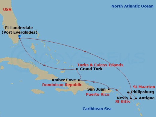 Route map: Ft. Lauderdale, Florida → Grand Turk, Turks & Caicos → Amber Cove, Dominican Republic → San Juan, Puerto Rico → Antigua → St. Maarten → St. Kitts → Ft. Lauderdale, Florida