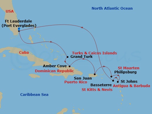Route map: Ft. Lauderdale, Florida → Grand Turk, Turks & Caicos → Amber Cove, Dominican Republic → San Juan, Puerto Rico → St. Maarten → Antigua → St. Kitts → Ft. Lauderdale, Florida