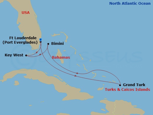 Route map: Fort Lauderdale, Florida → Grand Turk, Turks & Caicos → Bimini, Bahamas → Key West, Florida → Fort Lauderdale, Florida