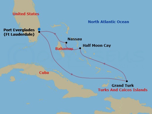 Route map: Fort Lauderdale, Florida, US → Grand Turk, Turks and Caicos → RelaxAway Half Moon Cay, Bahamas → Nassau, Bahamas → Fort Lauderdale, Florida, US