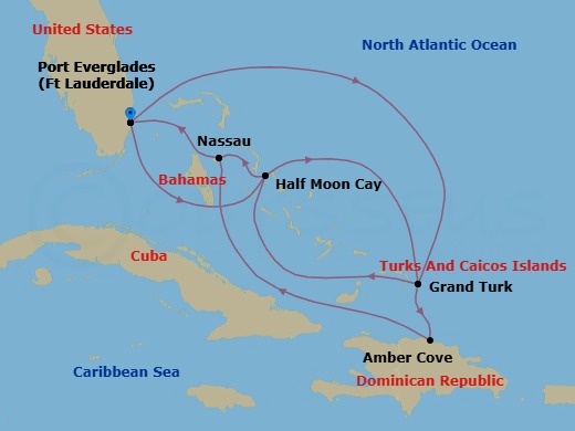 Route map: Fort Lauderdale, Florida, US → Grand Turk, Turks and Caicos → RelaxAway Half Moon Cay, Bahamas → Nassau, Bahamas → Fort Lauderdale, Florida, US → RelaxAway Half Moon Cay, Bahamas → Grand Turk, Turks and Caicos → Amber Cove, Dominican Republic → Nassau, Bahamas → Fort Lauderdale, Florida, US