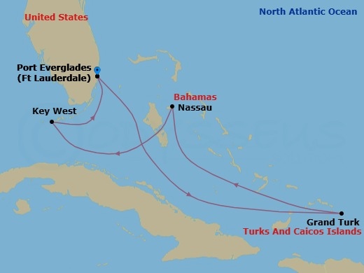 Route map: Fort Lauderdale, Florida → Grand Turk, Turks & Caicos → Nassau, Bahamas → Key West, Florida → Fort Lauderdale, Florida