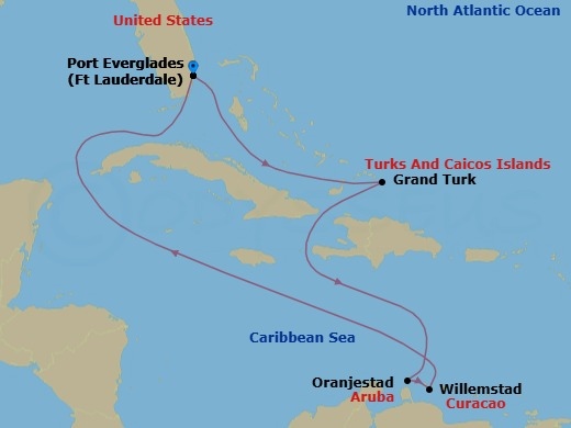 Route map: Fort Lauderdale, Florida → Grand Turk, Turks & Caicos → Oranjestad, Aruba → Willemstad, Curacao → Fort Lauderdale, Florida