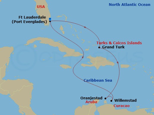 Route map: Ft. Lauderdale, Florida → Grand Turk, Turks & Caicos → Aruba → Curacao → Ft. Lauderdale, Florida