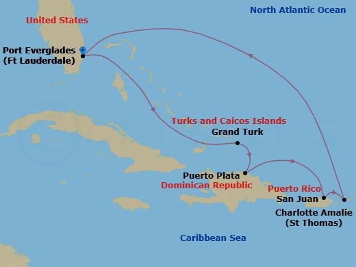 Route map: Fort Lauderdale, Florida → Grand Turk, Turks & Caicos → Puerto Plata, Dominican Rep → San Juan, Puerto Rico → Charlotte Amalie, St. Thomas → Fort Lauderdale, Florida