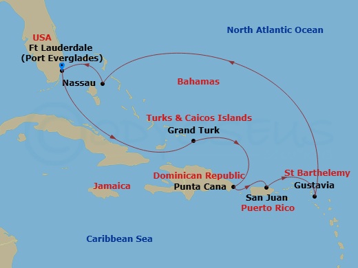 Route map: Fort Lauderdale → Grand Turk → Punta Cana → San Juan → Gustavia, St. Barthelemy → Nassau (Paradise Island) → Fort Lauderdale