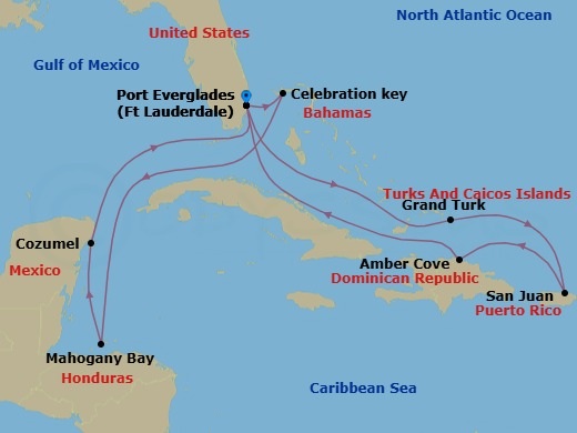 Route map: Ft. Lauderdale, Florida → Grand Turk, Turks & Caicos → San Juan, Puerto Rico → Amber Cove, Dominican Republic → Ft. Lauderdale, Florida → Celebration Key, Bahamas → Roatan (Isla Tropicale), Honduras → Cozumel, Mexico → Ft. Lauderdale, Florida