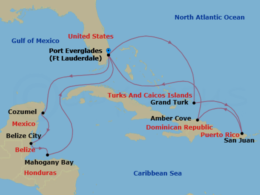 Route map: Ft. Lauderdale, Florida → Grand Turk, Turks & Caicos → San Juan, Puerto Rico → Amber Cove, Dominican Republic → Ft. Lauderdale, Florida → Cozumel, Mexico → Belize City, Belize → Roatan (Isla Tropicale), Honduras → Ft. Lauderdale, Florida