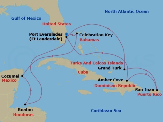 Route map: Ft. Lauderdale, Florida → Grand Turk, Turks & Caicos → San Juan, Puerto Rico → Amber Cove, Dominican Republic → Ft. Lauderdale, Florida → Roatan (Isla Tropicale), Honduras → Cozumel, Mexico → Celebration Key, Bahamas → Ft. Lauderdale, Florida