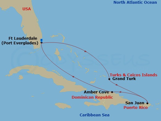 Route map: Ft. Lauderdale, Florida → Grand Turk, Turks & Caicos → San Juan, Puerto Rico → Amber Cove, Dominican Republic → Ft. Lauderdale, Florida
