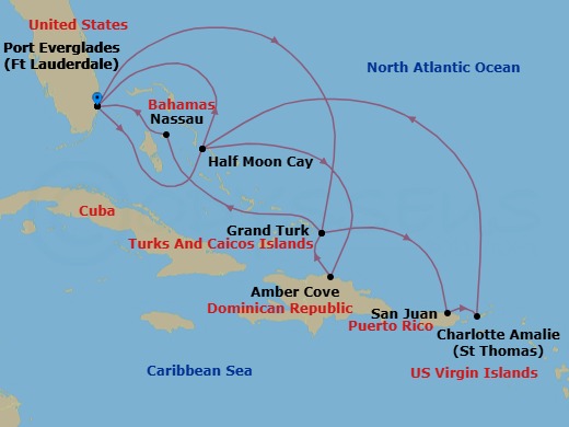 Route map: Fort Lauderdale, Florida, US → Grand Turk, Turks and Caicos → San Juan, Puerto Rico → St. Thomas, U.S.V.I. → RelaxAway Half Moon Cay, Bahamas → Fort Lauderdale, Florida, US → RelaxAway Half Moon Cay, Bahamas → Amber Cove, Dominican Republic → Grand Turk, Turks and Caicos → Nassau, Bahamas