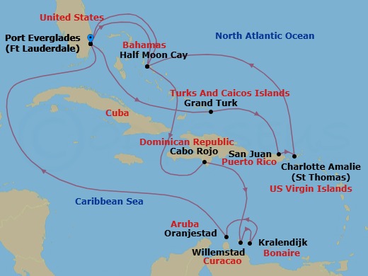 Route map: Fort Lauderdale, Florida, US → Grand Turk, Turks and Caicos → San Juan, Puerto Rico → St. Thomas, U.S.V.I. → RelaxAway Half Moon Cay, Bahamas → Fort Lauderdale, Florida, US → RelaxAway Half Moon Cay, Bahamas → Cabo Rojo, Dominican Republic → Willemstad, Curacao → Kralendijk, Bonaire
