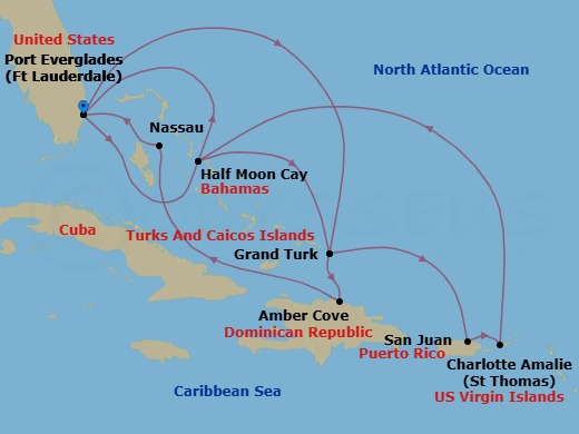 Route map: Fort Lauderdale, Florida, US → Grand Turk, Turks and Caicos → San Juan, Puerto Rico → St. Thomas, U.S.V.I. → RelaxAway Half Moon Cay, Bahamas → Fort Lauderdale, Florida, US → RelaxAway Half Moon Cay, Bahamas → Grand Turk, Turks and Caicos → Amber Cove, Dominican Republic → Nassau, Bahamas